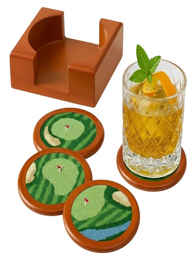Khen Golf Hand-Stitched Needlepoint Coasters - Set of 4 - Wooden Holder Solid Wood with Needlepoint Inlay with French Cotton Thread 4" Durable Decorative Gift, Drink Mats Unique Golfers Barware Gifts - Image 1